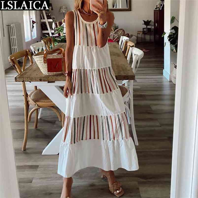 Casual Elegant Striped Print Patchwork Long Dress Sleeveless A-Line Woman Party Club Beach Summer Vestido De Mujer 210515