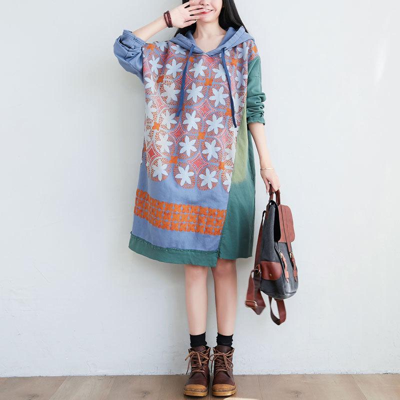 2021 Autumn Winter Patchwork Hooded Dress Women Print Korean Style Knit Cotton Robe Female Big Size Loose Casual Dresses
