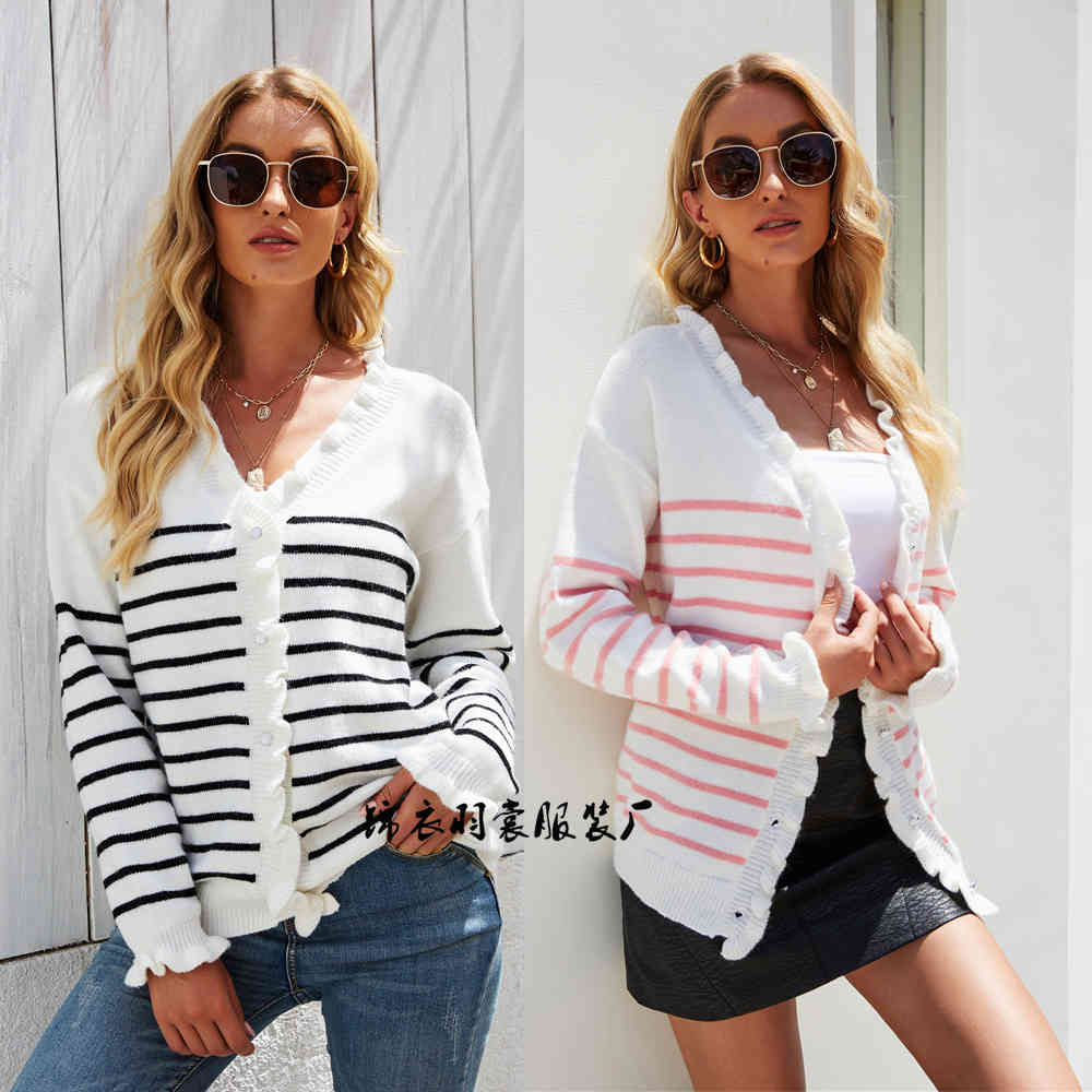 2021 Autumn New Personalized Fashion Cardigan Stripe Button Knit Large Sweater Women