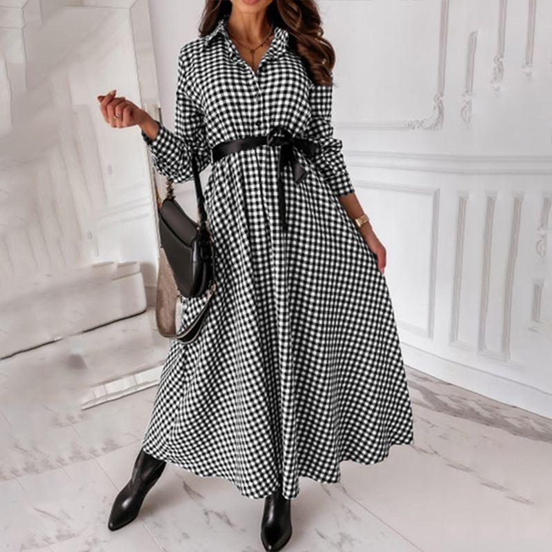 Plaid Print Lapel Robe Holiday Female Belted Dresses Spring Autumn Office Lady Vestido Womens Vintage Maxi Dress Oversize Casual