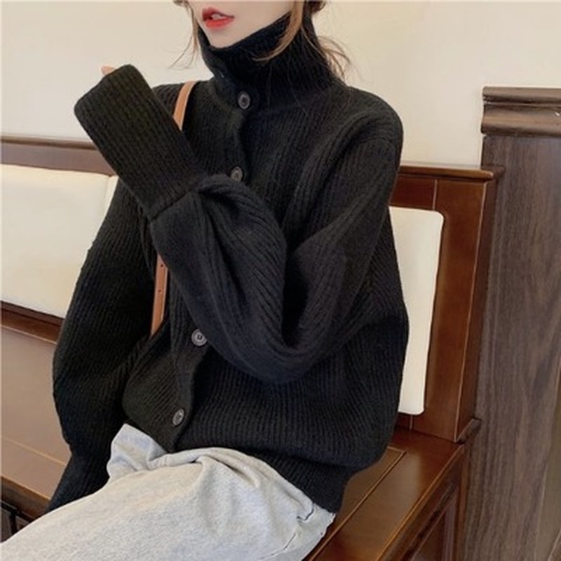 Autumn Vintage Turtleneck Sweater Winter Warm Knitted Cardigan Women Loose Thicken Long Sleeve Womens s 11643 210508