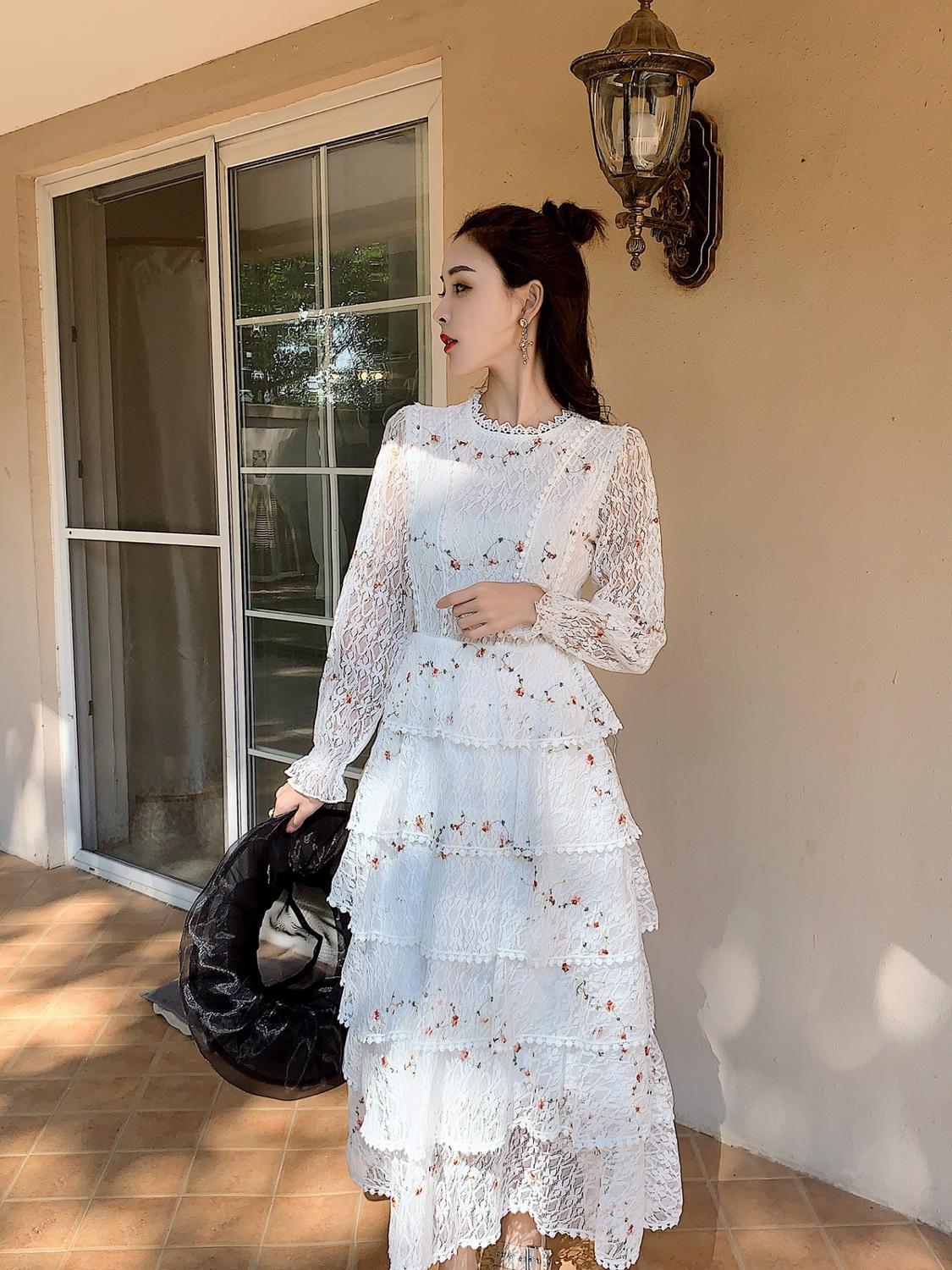 pring Summer Pink Lace Embroidery Maxi Dress Female Full sleeve high waist Ruffle elegant Long party dresses Woman 210506