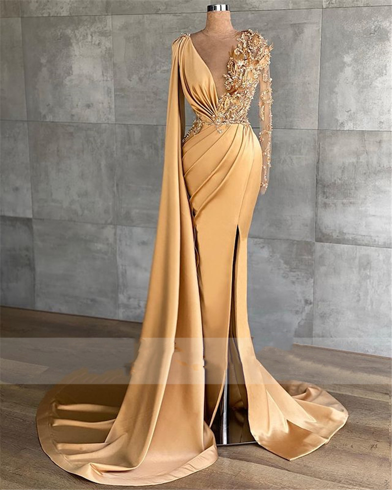 Split Mermaid V Neck Evening Dresses 2022 champagne gold Long Sleeve Beaded Middle East Dubai Robe De Soiree Prom Party Gowns