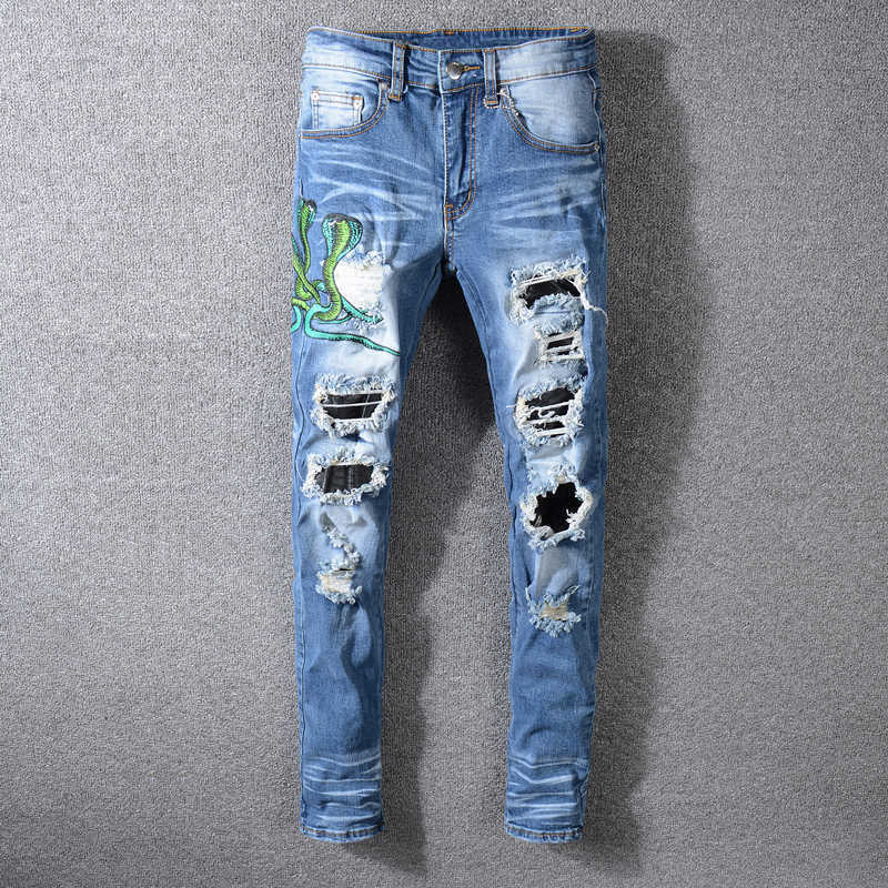 Fashion Streetwear Men Jeans High Quality Elastic Slim Fiy Destroyed Ripped Denim Punk Trousers Embroider Designer Hip Hop Pants, Retro blue
Fashion Streetwear Men Jeans High Quality Elastic Slim Fiy Destroyed Ripped Denim Punk Trousers Embroider Designer Hip Hop Pants, Retro blue
