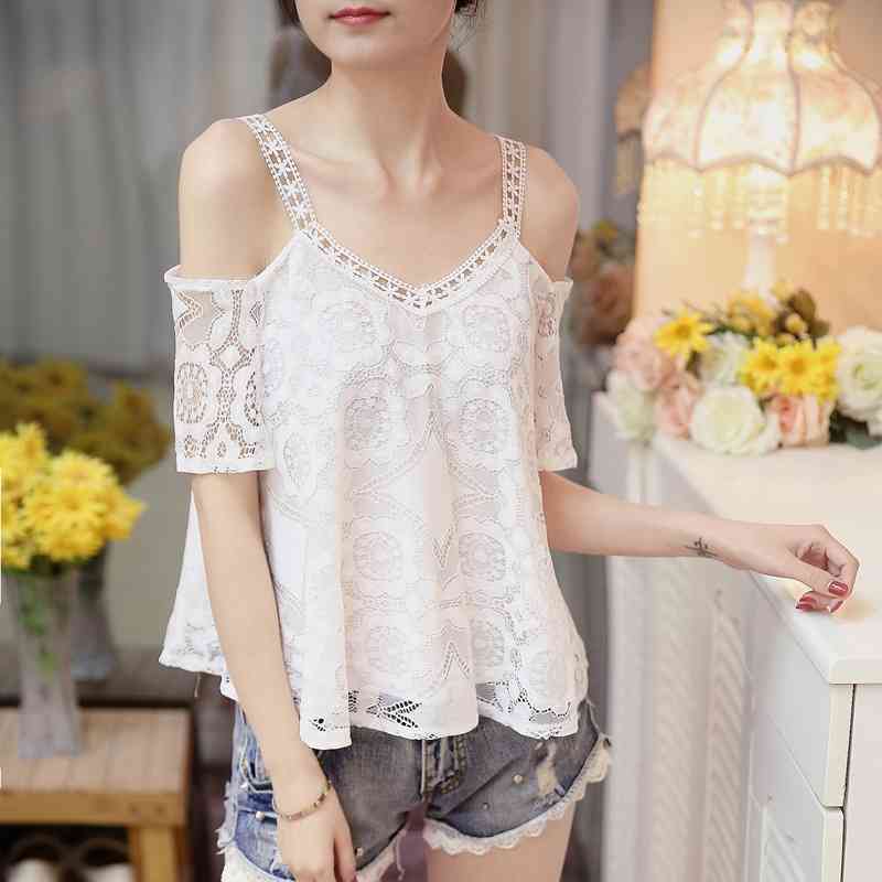 Women's Clothing Summer Fashion V Collar Sexy Strapless Women Tops Short Sleeve Hollow Lace Blouse Loose Blusas 0120 30 210506
