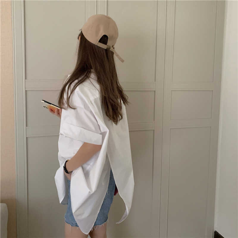 Green Back Split Shirts Female Summer Short Sleeve Loose Casual BF Harajuku White Tops Blouse Women Stylish 210601