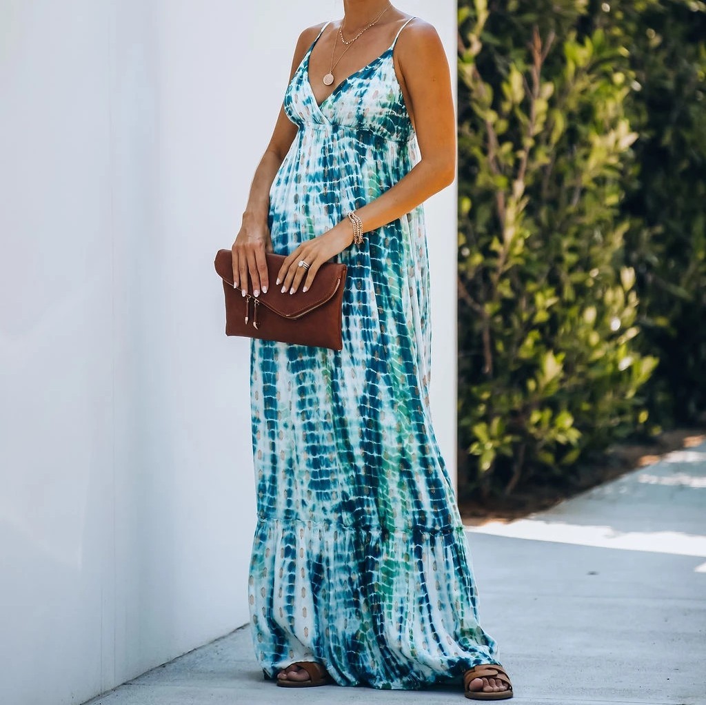 Green Bohemian Tie-dyed Bikini Cover-ups Sexy Spaghetti Strap Summer Beach Dress Cotton Tunic Women Swimsuit Cover Up A453 210420