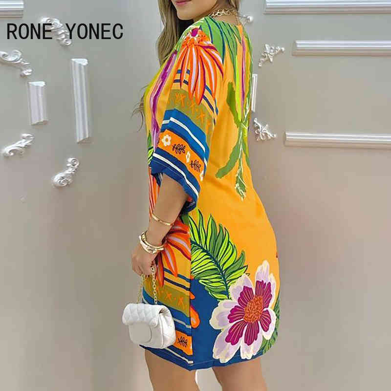Women Elegant Dress Tropical Print Half Sleeve Casual Dress Summer Dress 210331
