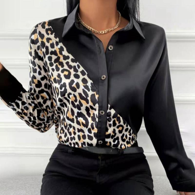 Women's Blouses & Shirts Leopard Patchwork Casual Shirt Blouse Woman Autumn Fashion Button Long Sleeve For Women 2021 White Print Office Top