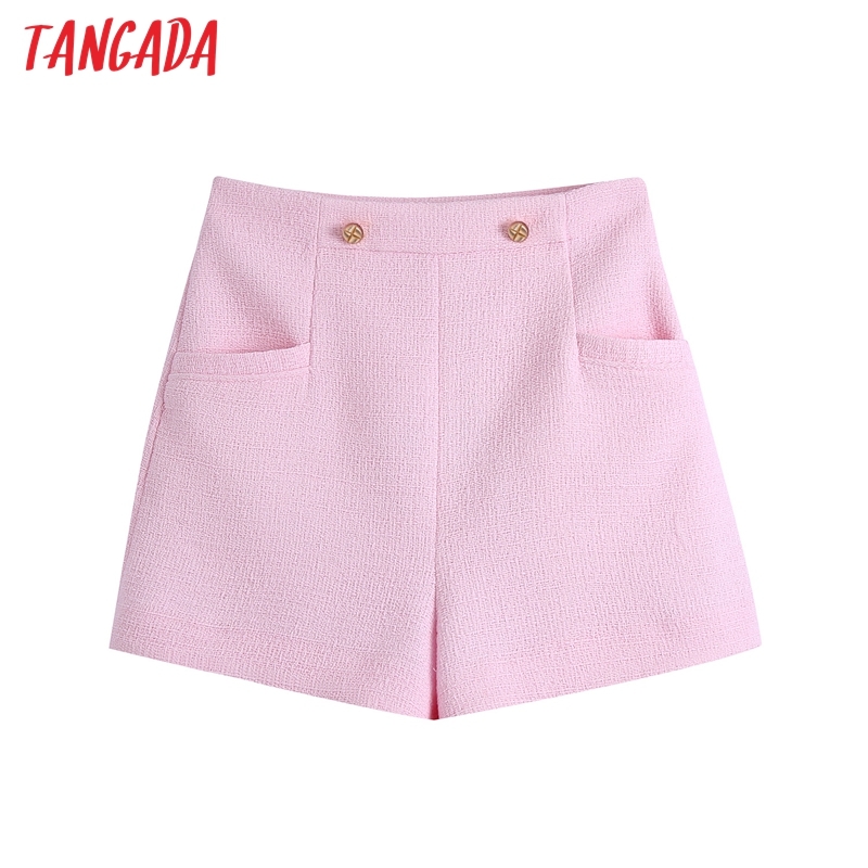 Women Elegant Pink Tweed Zipper Pockets Female Retro Casual Shorts Pantalones BE521 210416