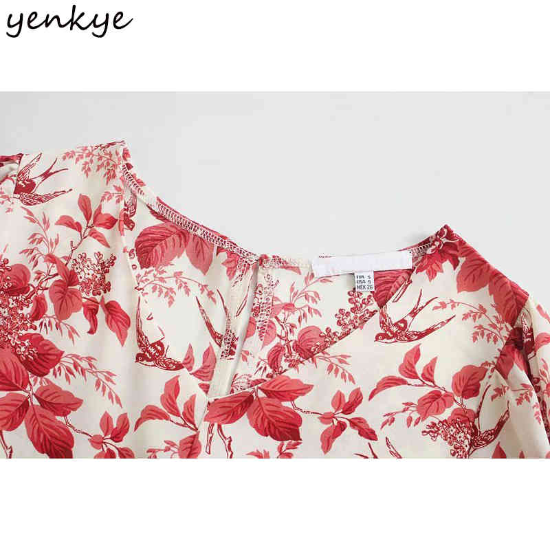 YENKYE Elegant Women V Neck Vintage Floral Print Dress Female Sexy Slits A-line Midi Summer Chiffon Dress Vestidos Mujer 210515