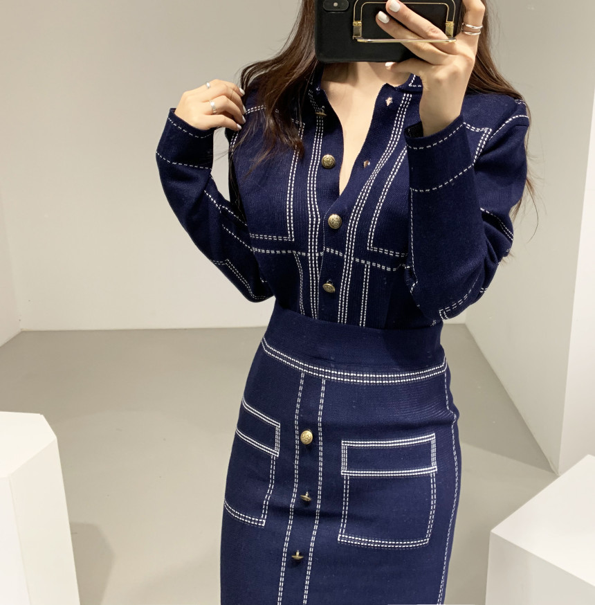Two Pieces Single-Breasted Knitted Top +High Waist Color Matching Winter Casual Fashion Women Suit 210520