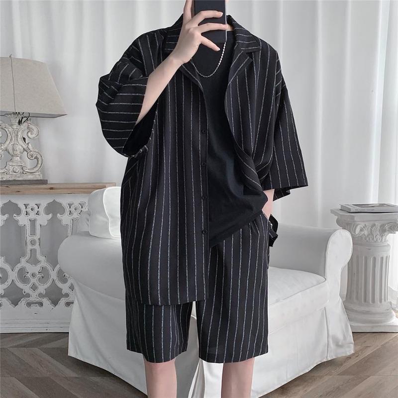 Summer Men Set Shirts And Shorts Lightweight Fabric Letter Striped Half Sleeve Elastic Knee-Length Baggy Oversize Clothing Men's Tracksuits