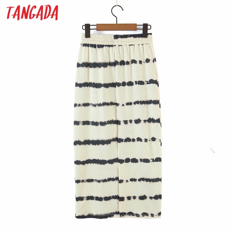 Women Tie Dyed Print Midi Skirt Strethy Waist Pocket Vintage Ladies Elegant Chic Mid Calf Skirts QD06 210416
