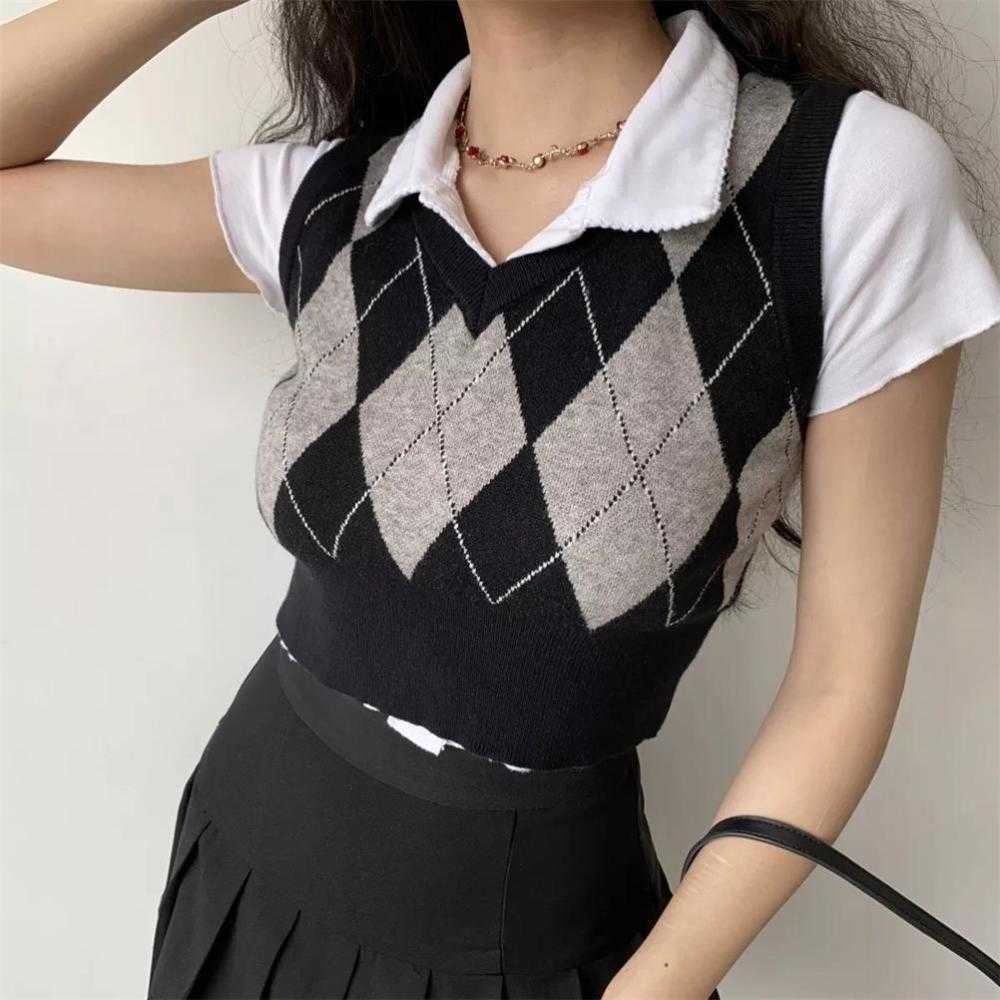 Vintage Plaid Sweater Vest Women V-neck Sleeveless Tank College Style Knitting Pullovers Tops for Daily 210819