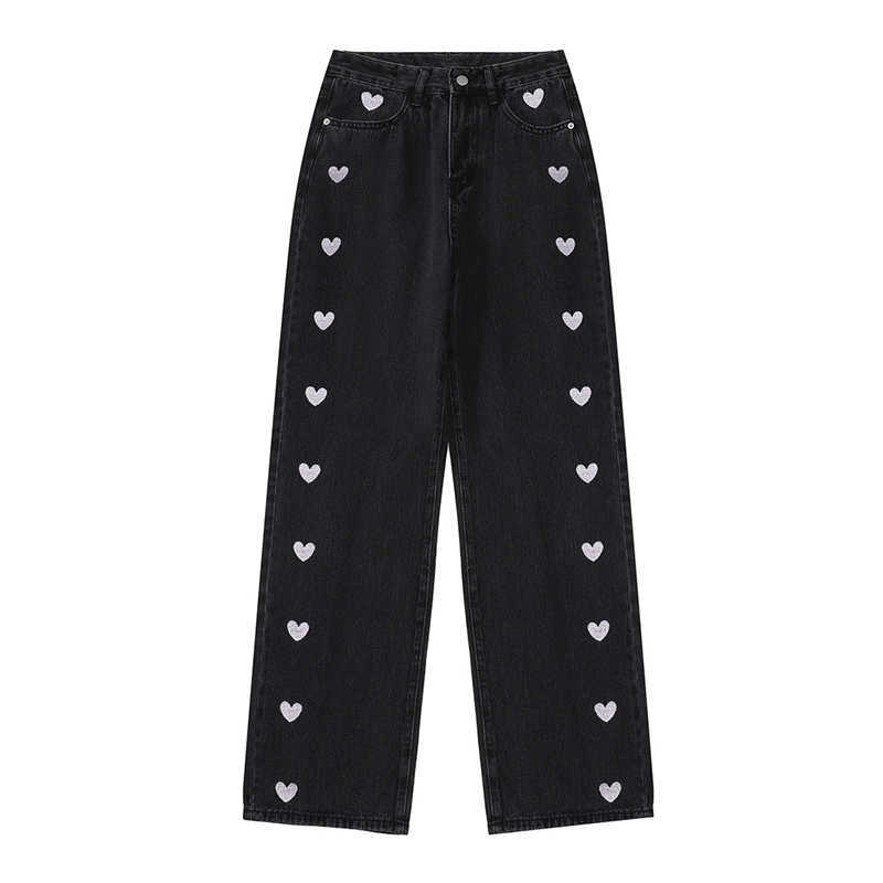 Wide Leg Jeans Women Love Printing Vintage Harajuku Loose Casual Denim Pants Spring Street High Waist Woman Trousers 210616