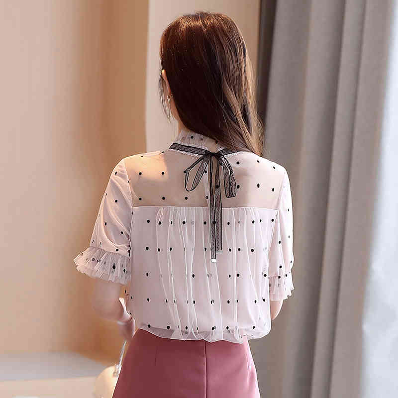 Korean Fashion Clothing Short Sleeve Polka Dot Summer Tops Blusas Mujer De Moda Mesh Chiffon Blosue Women Clothes 8852 50 210506