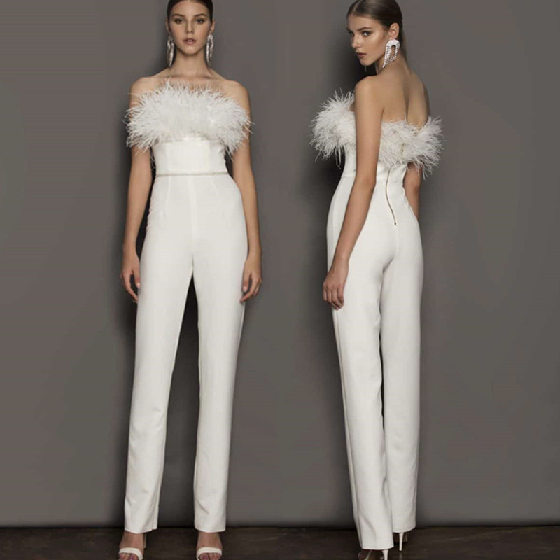 Sexy Mermaid Evening Dresses With Jumpsuit Strapless Feather Formal Party Prom Dress For Arabic Women Vestidos De Novia