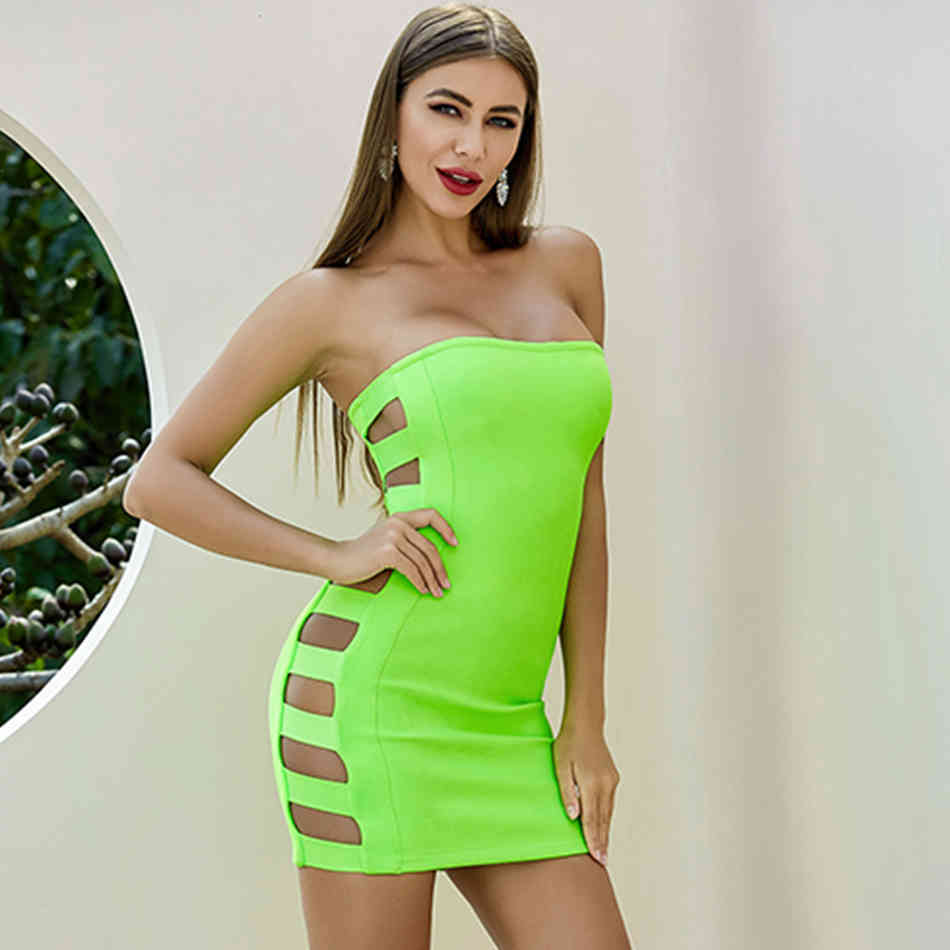 Summer Women Green Bodycon Bandage Dress Sexy Hollow Out Strapless Mini Celebrity Runway Club Party Dresses Vestidos 210423
