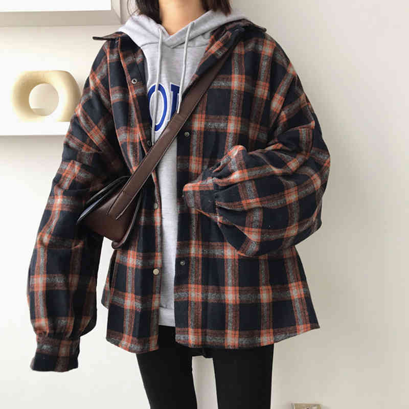Flectit Flannel Oversized Shirt Long Sleeve Collared Boyfriend Plaid Blouse Fall Winter Women's Blouses & Shirts * 210402
