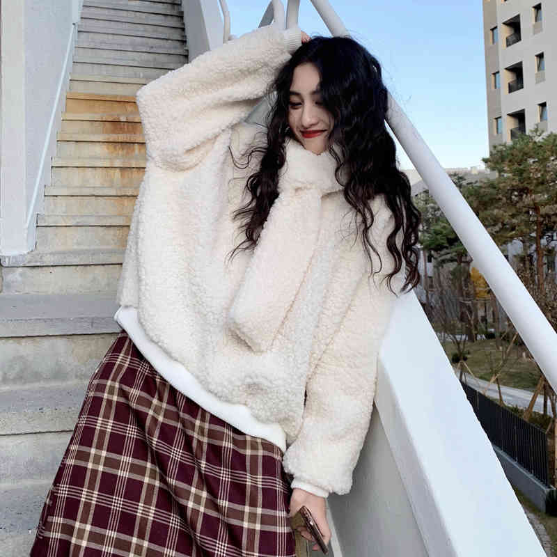 2 colors autumn winter korean style Women Sweatshirts lamb fur Long Sleeve thick warm Sweatshirt Womens pullover (C2131) 210423