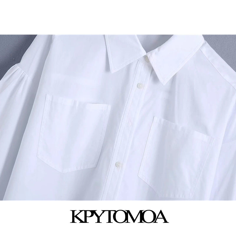 Women Fashion With Pockets Cropped White Blouses Lantern Sleeve Button-up Female Shirts Blusas Chic Tops 210420