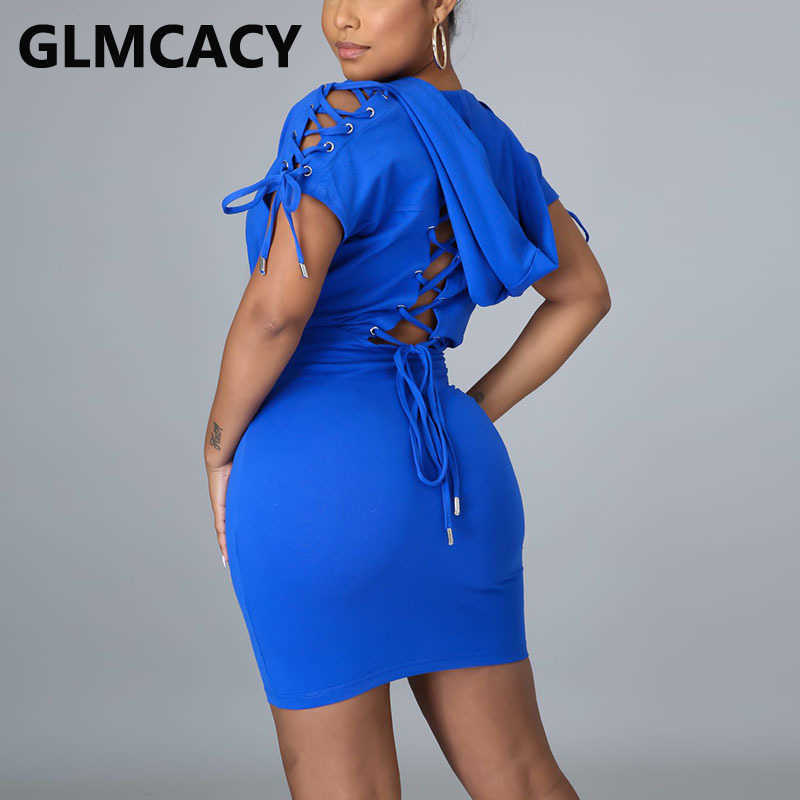 Women Back Lace Up Short Sleeve Bodycon Mini Dress 210702