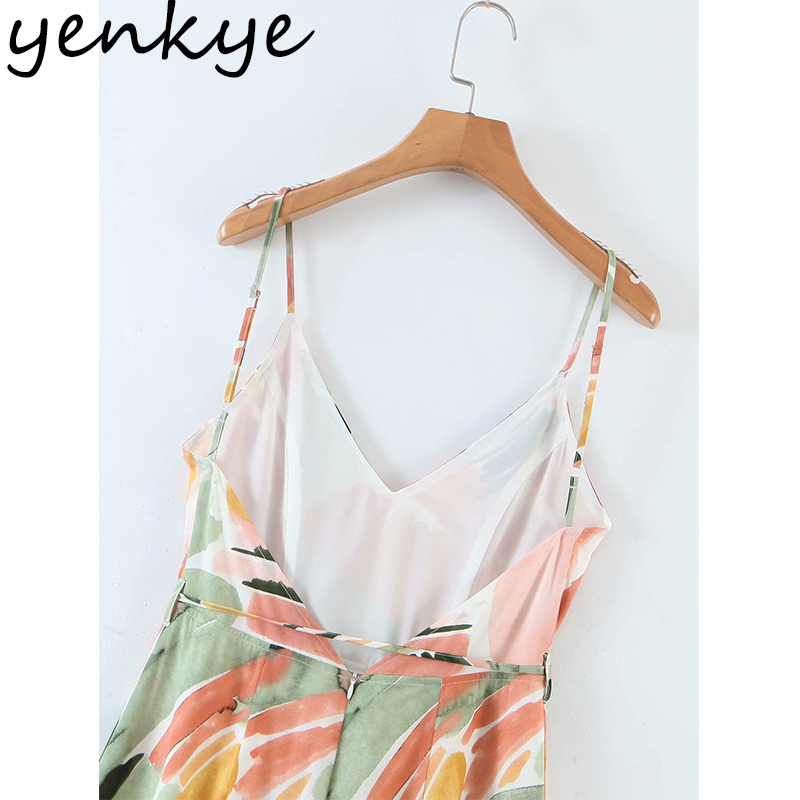 Sexy Backless Multicolor Print Jumpsuit Women V Neck Sleeveless Sashes Holiday Boho Romper Summer Long Loose monos mujer 210430