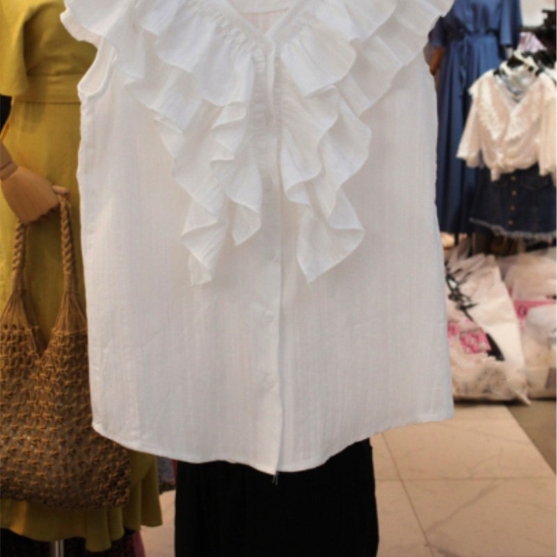 Nomikuma Women Shirts Blouses Korean Layered-ruffle Sweet Sleeveless V-neck Tops Causal Single Breasted New Blusas 6G083 210427