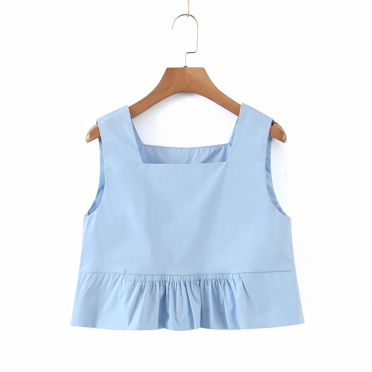 Summer Blue Wide Shoulder Belt Hem Popplin Short Blouse Pleated Fashion Square Neck Cropped Top Female Suspender Vest 210521