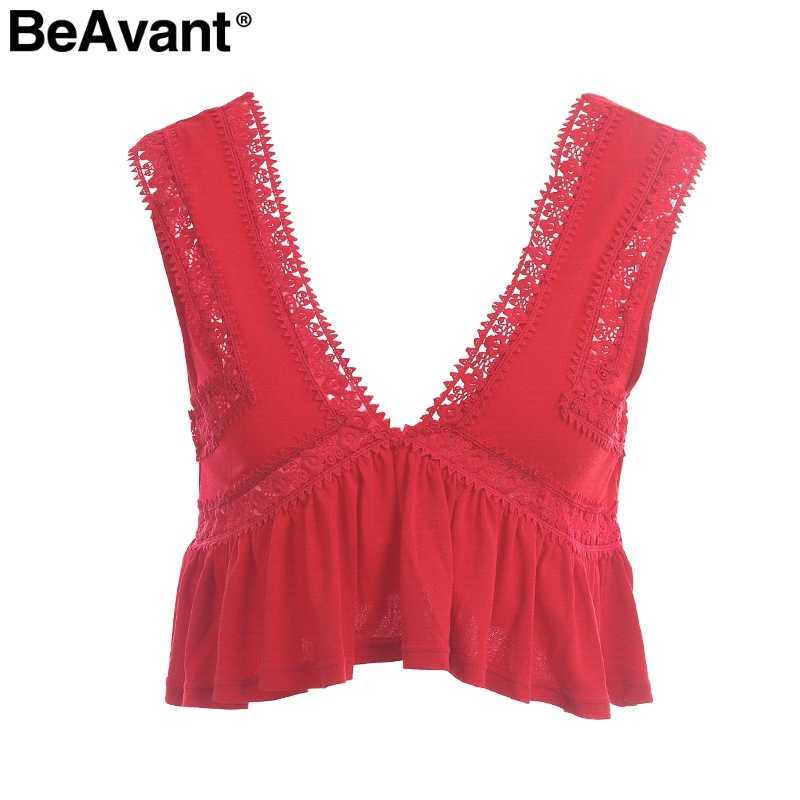 BeAvant Sexy v neck backless tank top women Ruffle short lace shirt camisole tank Summer sweat streetwear casual crop top 210709