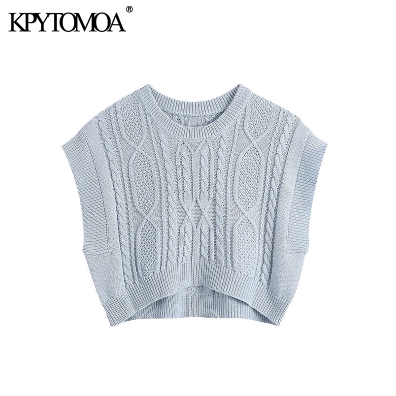 Women Fashion With Cable-knit Cropped Knit Vest Sweater O Neck Sleeveless Female Waistcoat Chic Tops 210420