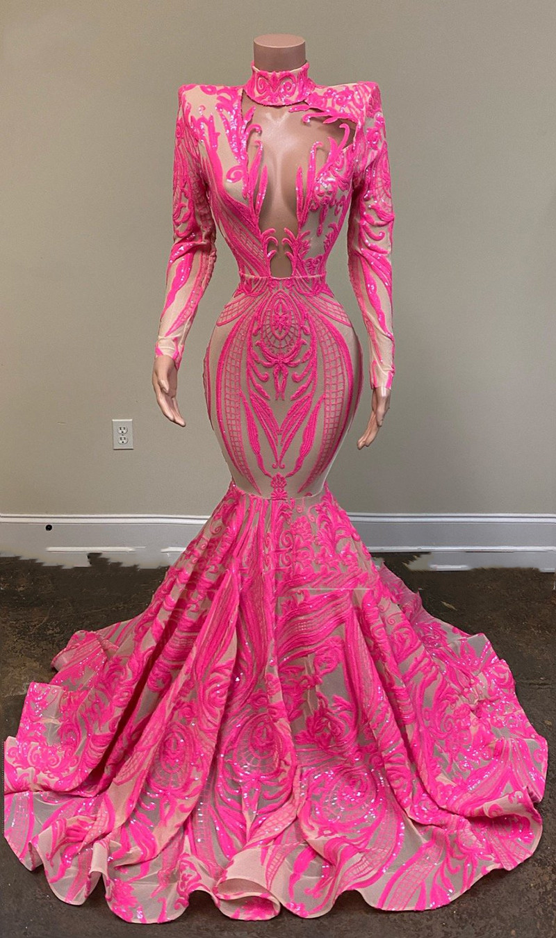 Fuchsia Shiny Mermaid Prom Dresses Sparkly Sequin Lace long Sleeve Illusion Mesh Cutout African Girl Evening Gown Robe De Soiree