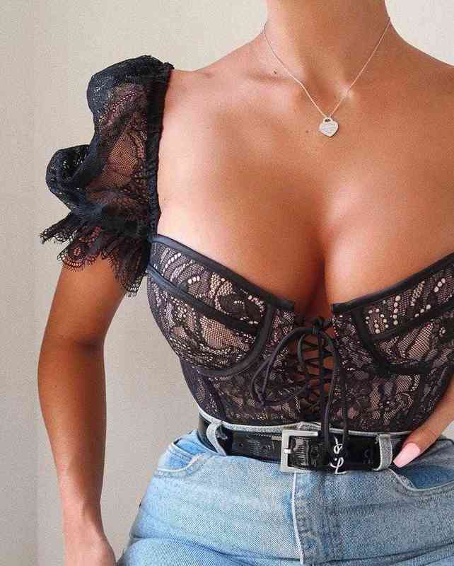 women lace sheer shirts mesh blouse short puff sleeve square collar crop slim club wear up summer, White
women lace sheer shirts mesh blouse short puff sleeve square collar crop slim club wear up summer, White