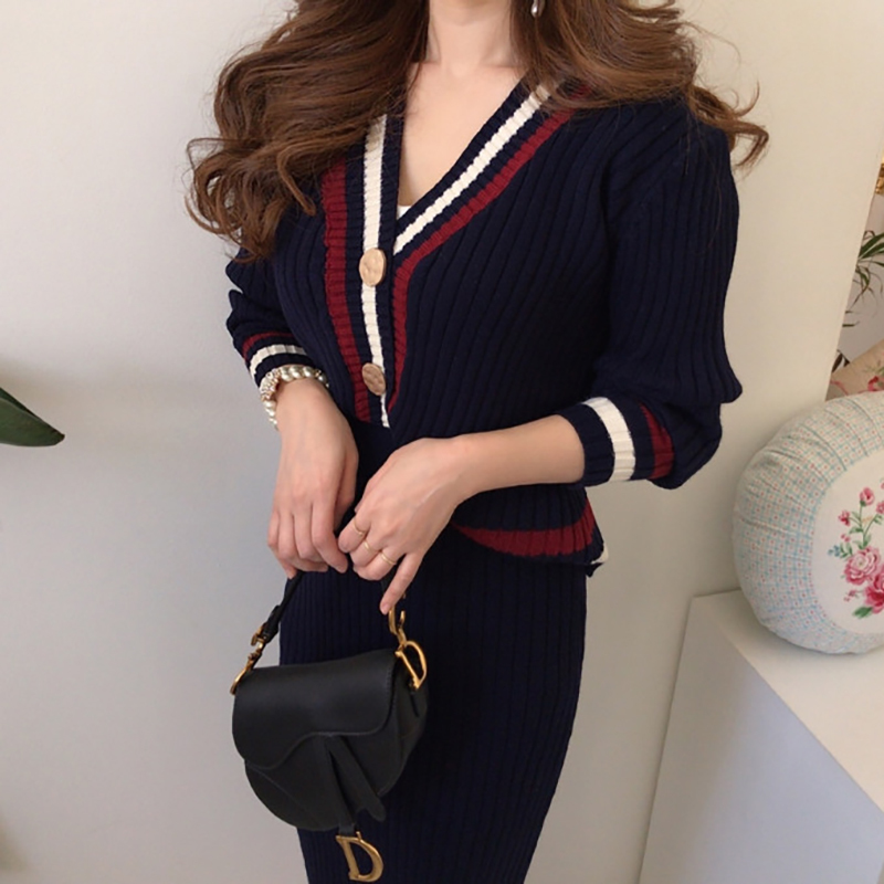 Two Piece Set Women Korean Autumn and Winter V-neck Bordered Contrast Color Knitted Sweater + High Waist Bodycon Skirt 210506