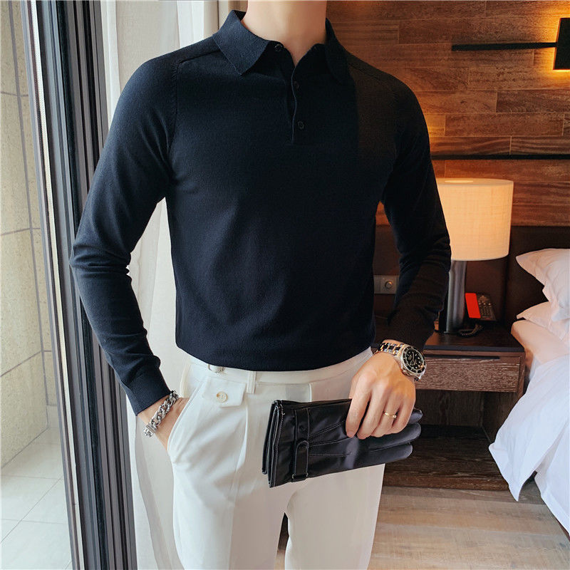 IEFB Spring Men's Trend Slim Lapel Solid Color Knitting Bottomed Polo Shirt Long Sleeve Causal Black Tops 9Y6675 210524
