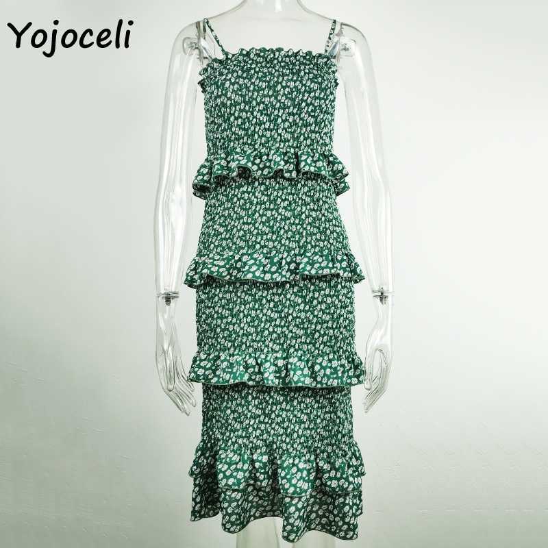 Yojoceli floral print ruffle dres bodycon mini shirred midi boho beach sun 210609