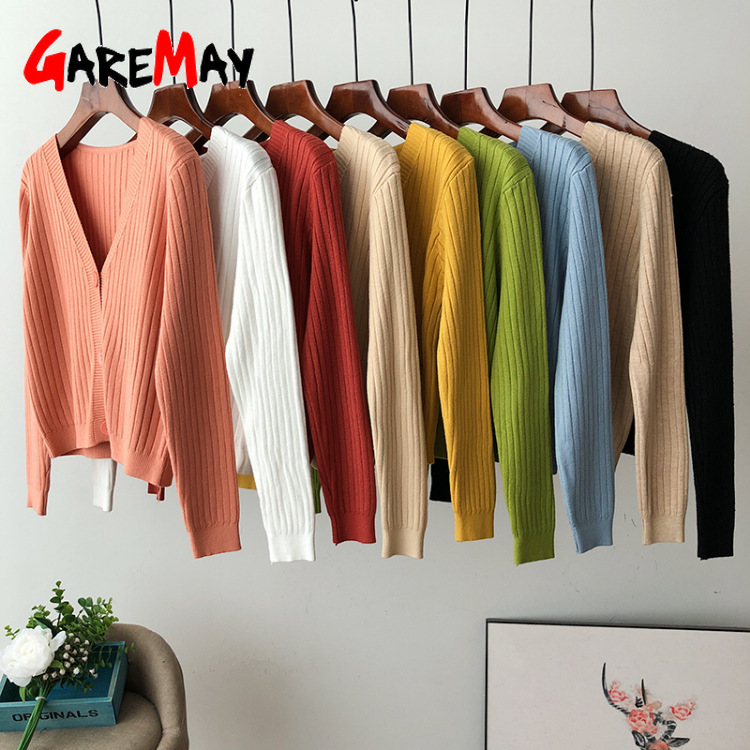 Autumn Cropped Cardigans Women Long Sleeve Casual Short Knitted Sweaters Buttons V Neck Female Cardigan Outwear 210428