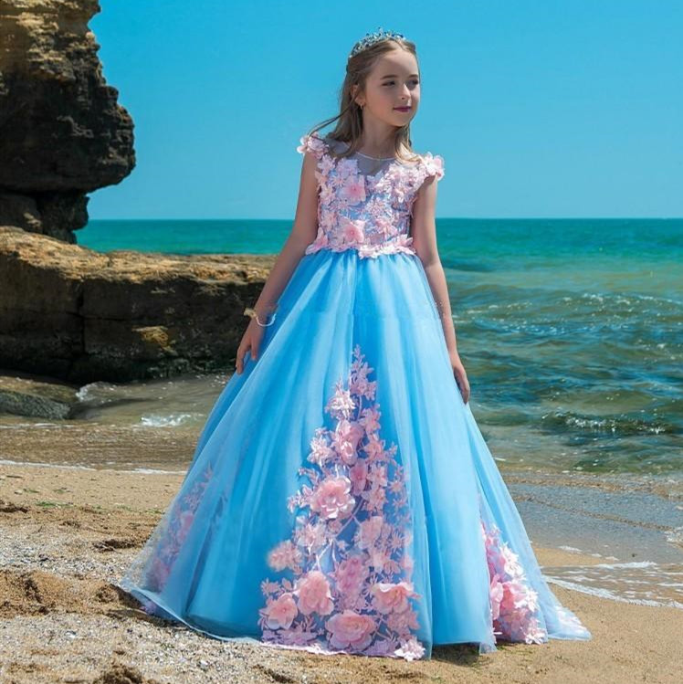 Princess Appliques Flower Girl Dress Color Matching Blue&Pink Custom Made Birthday Gowns Back Lace Up Pageant First Communion Dresses