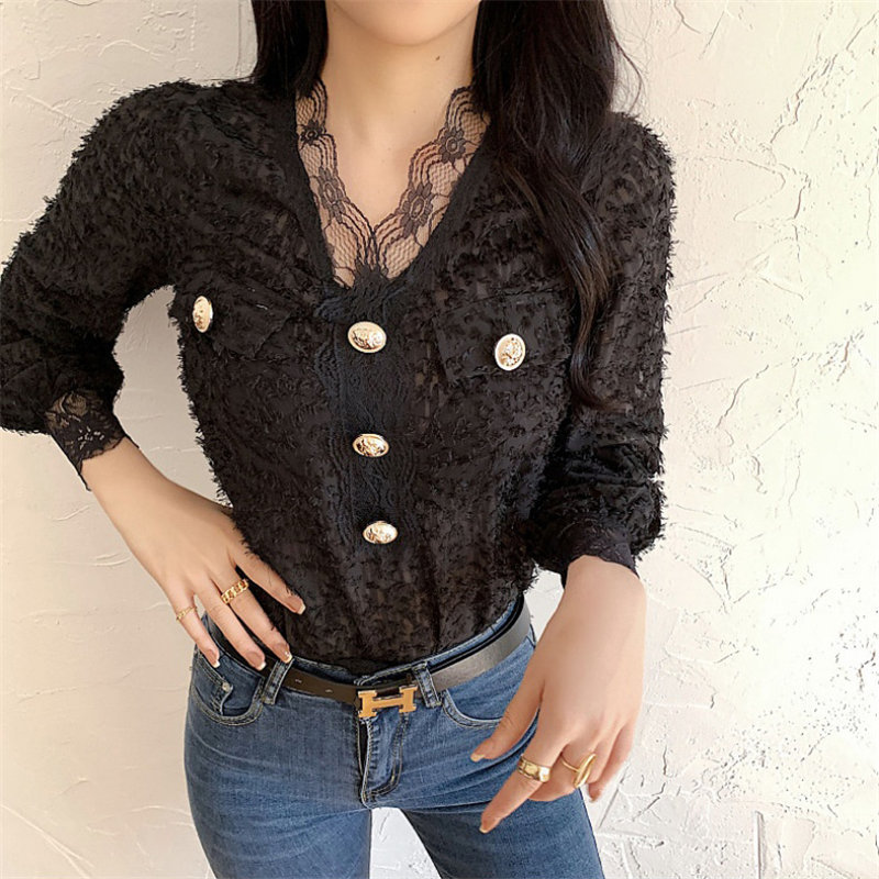 Brief Tassel Lace Elegance Loose V-Neck Lantern Sleeves Women Office Lady Gentle Chic Blouse Fashion Shirts 210421