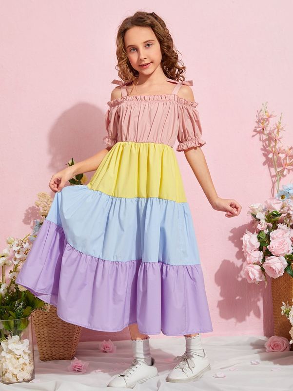 Girls Color Block Frill Trim Ruched Knot Shoulder Puff Sleeve Dress SHE