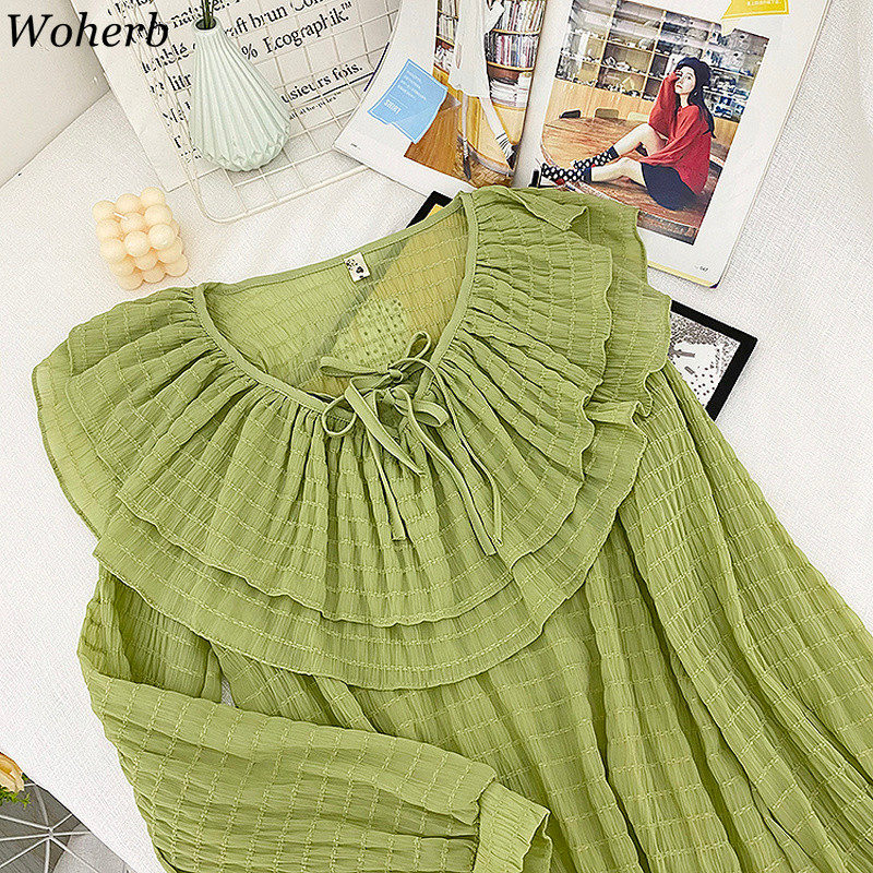 Ruffles Women Blouse Peter Pan Collar Vintage Long Sleeve Solid Korean Blusas Mujer Summer Loose Shirts Elegant Tops 210519
