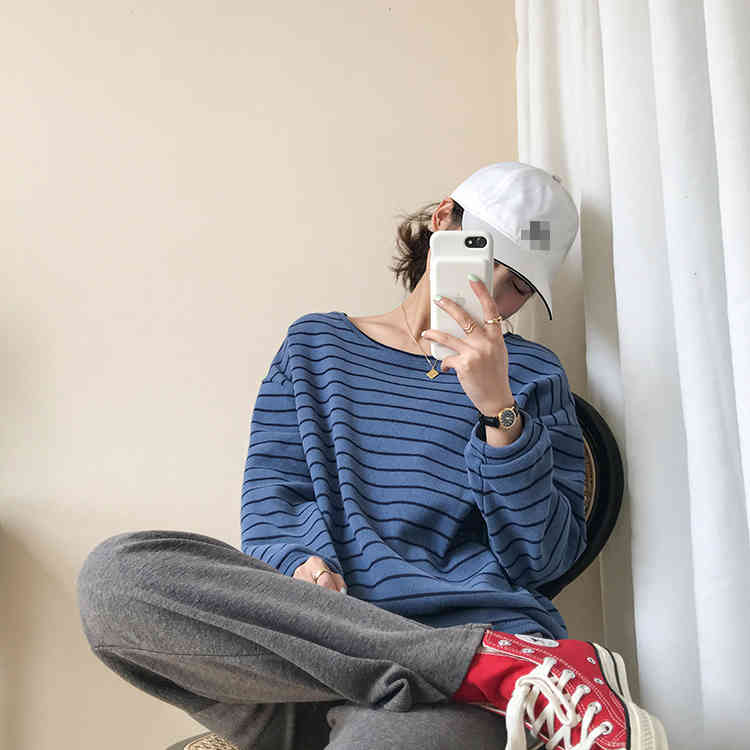 3 colors autumn korean style loose stripe Women Sweatshirts Long Sleeve Sweatshirt Womens pullovers ( F3926) 210423