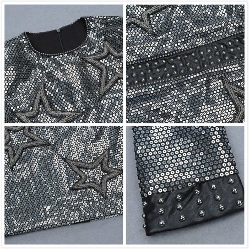 Free Women's Sequined Dress Sexy O-neck Bodycon Rivet PU Mini Black Sparkle Club Party es Vestidos 210524