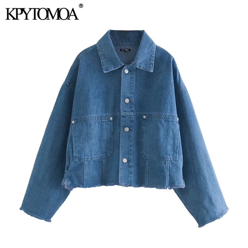 Women Fashion Oversized Cropped Denim Jacket Coat Long Sleeve Frayed Tassel Female Outerwear Chic Tops 210420