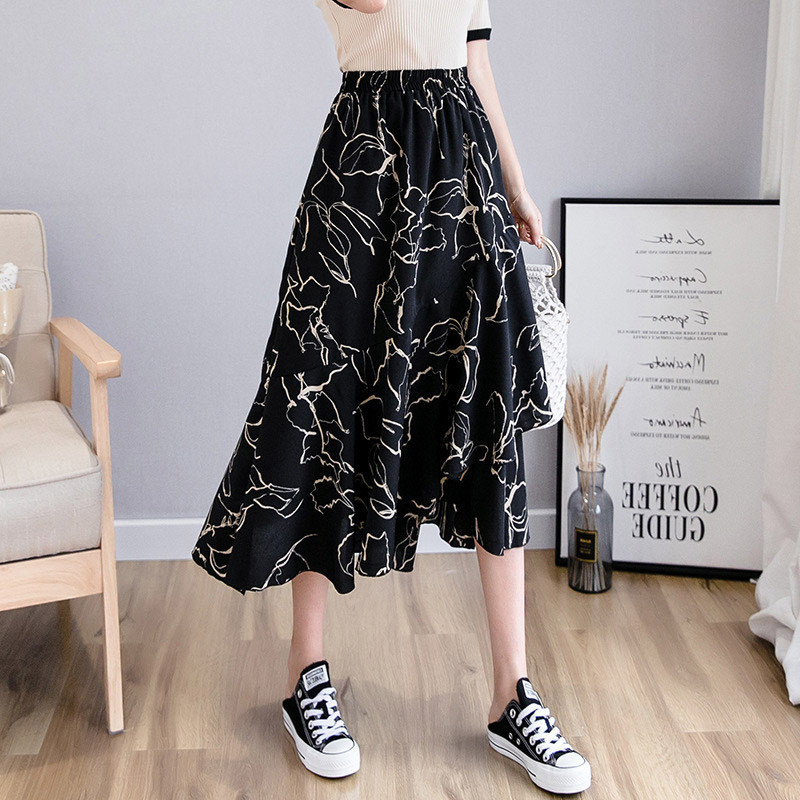 Skirts Womens Black Long Woman High Waist Korean Elegant Casual Ruffle Cotton Irregular A Line 210428