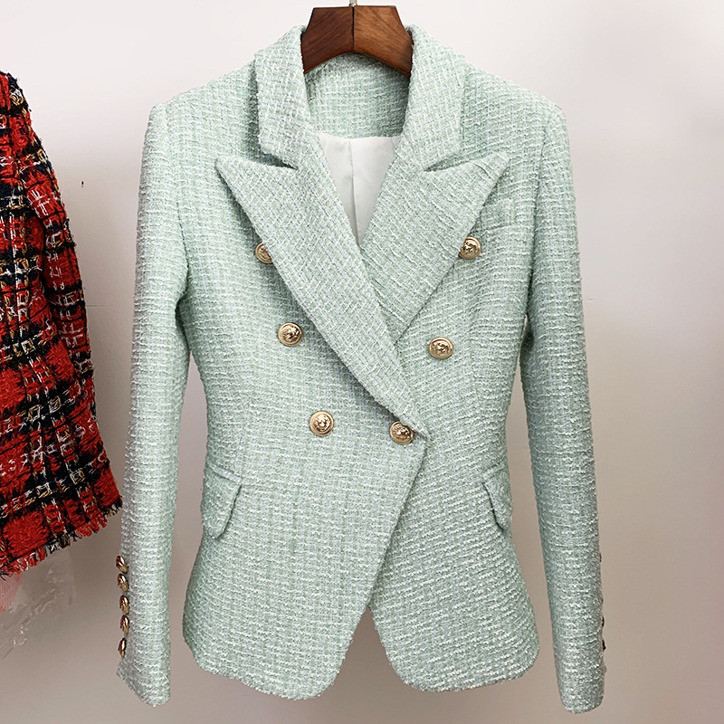 Tweed Mint Green Blazer Ladies Summer Jacket Coat Slim Office Business Double-breasted Woven Wool 210525
