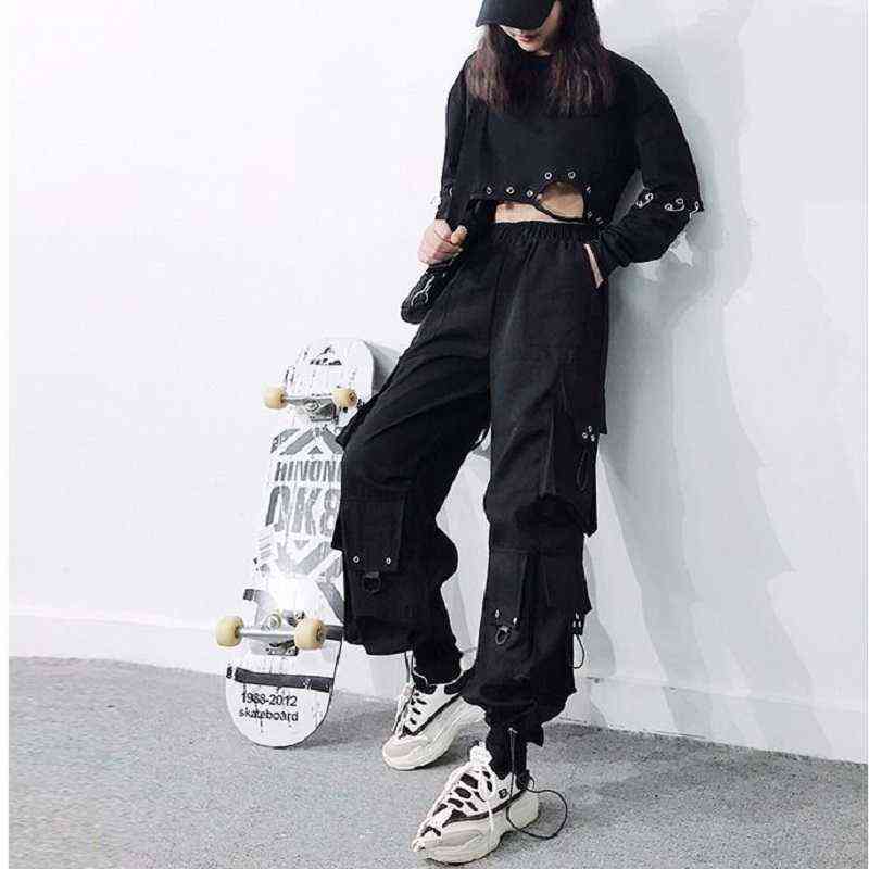 QWEEK Gothic Black Cargo Pants Women Baggy Harajuku Streetwear Oversize Punk Jogging Trousers for Female Hip Hop Mall Goth Emo 211115