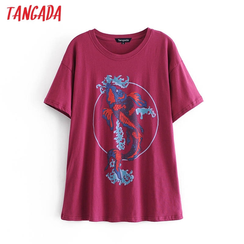 Women Fish Print Oversized Cotton T Short Sleeve Tees Ladies Casual Tee Shirt Street Wear Top 4D14 210416