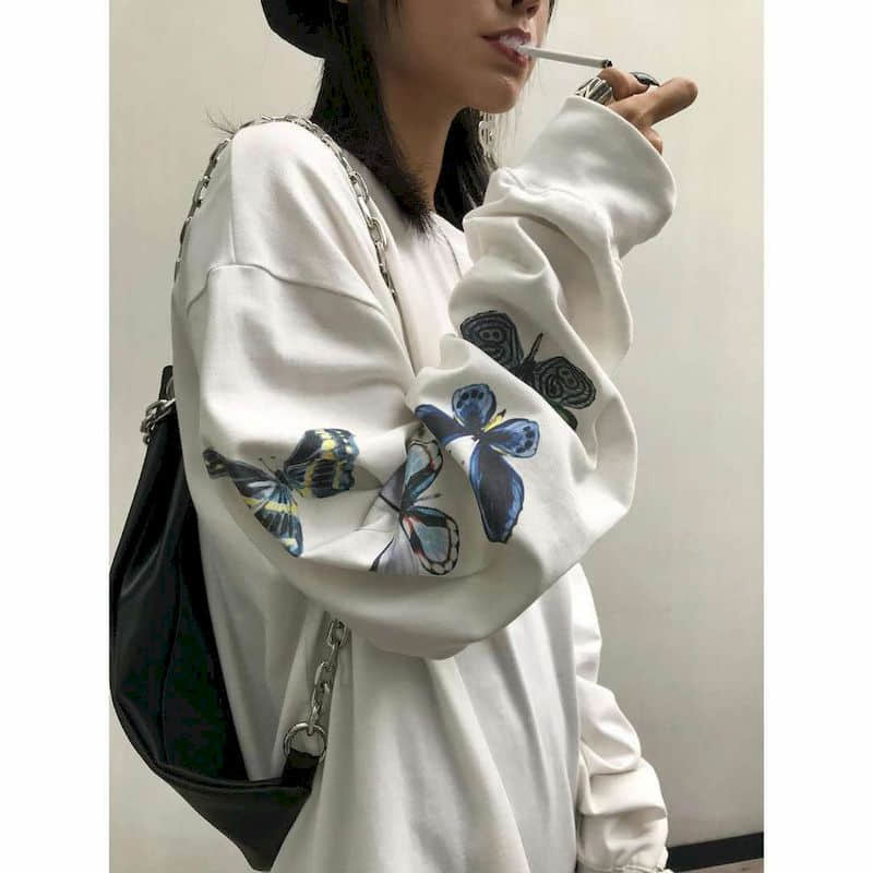 woman tshirts Long-sleeved T-shirt women autumn new Harajuku style bf style butterfly print Korean student loose ins top 210406
